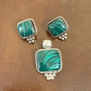 925 Mexican Sterling Silver Malachite Square Stud Earrings & Pendant